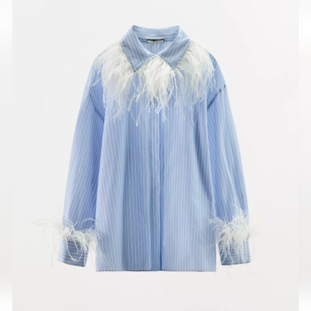 Zara Blue and White Feather-Trimmed Shirt & Pants Matching Set